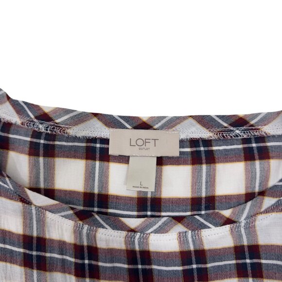 LOFT Outlet Pullover Plaid Long-Sleeve Rayon Blouse SZ L White & Multicolor - Picture 2 of 10